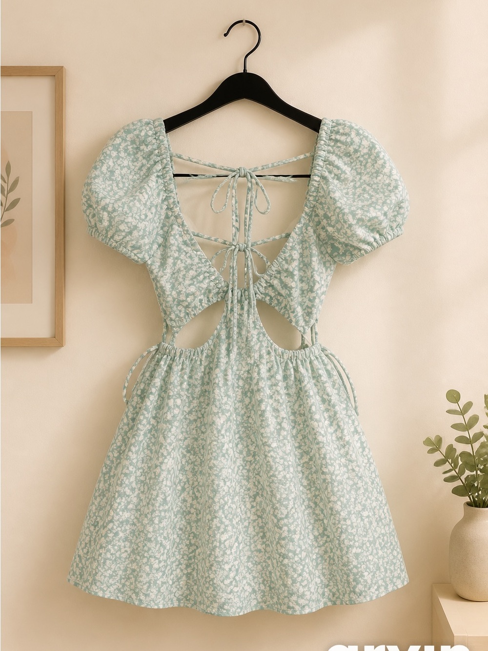 Simons Mint Floral Puff-Sleeve Mini Dress with Cutouts